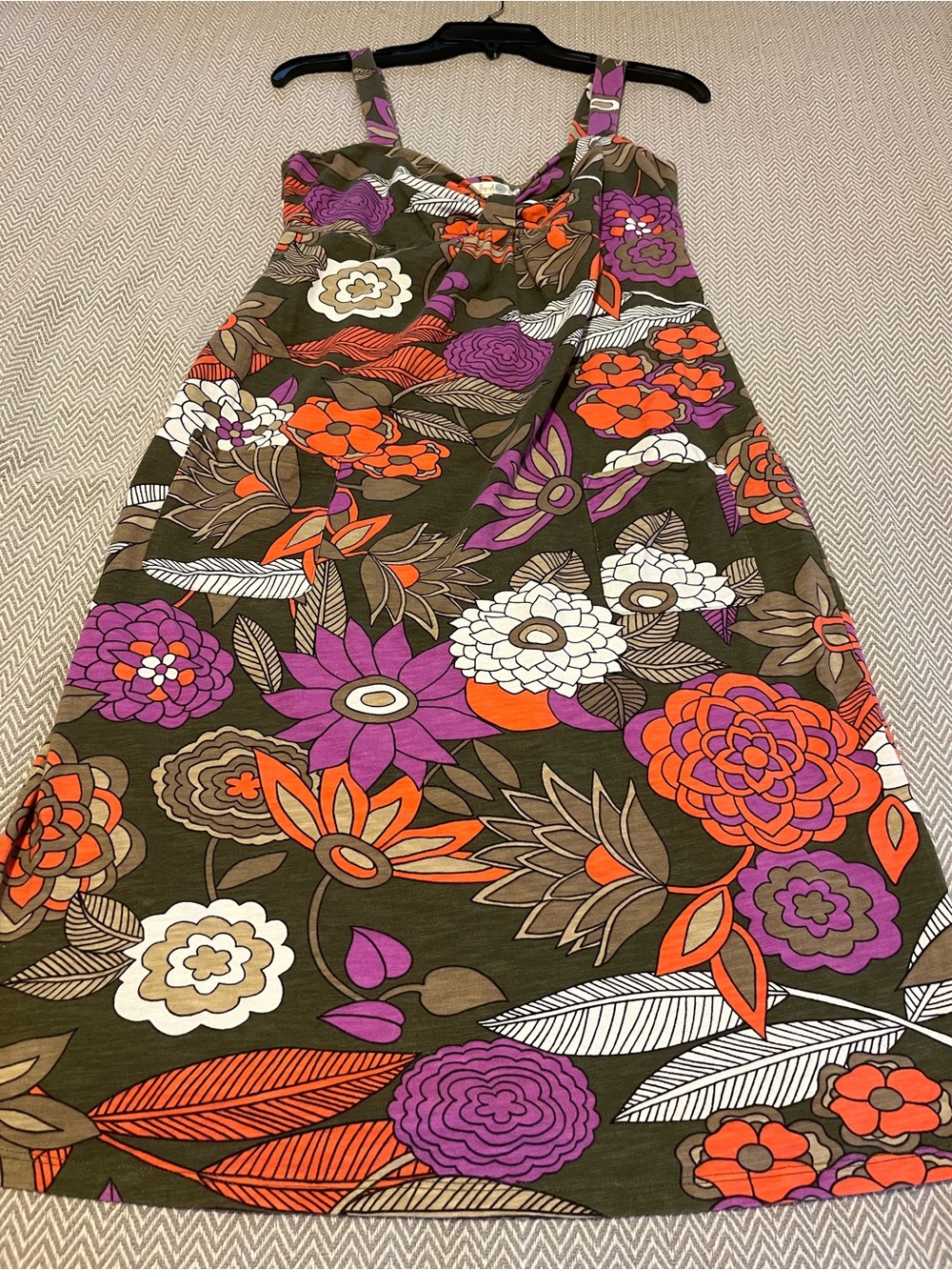 Boden Floral A-Line Summer Dress in Olive Green with Orange & Purple. Size 6.